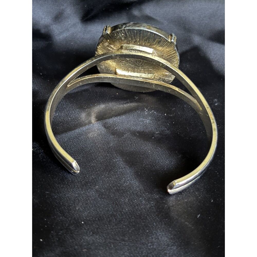 Pharaoh Egyptian Revival Cuff Bracelet Blue Glass & Gold Tone Statement Bracelet - Picture 10 of 13